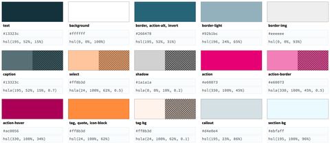 Sample organized color swatches with hex and hsl values