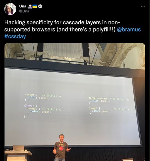 A tweet of a photo of a talk given at the CSS Day conference by
    Bramus Van Damme where he is standing in front of a slide
    that shows how the cascade layers polyfill transforms CSS.
