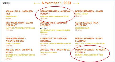 Demonstrations in a list. Demonstration - African Penguin demos happen at two different times and are listed separately in this live view. They are both highlighted with a red circle.
