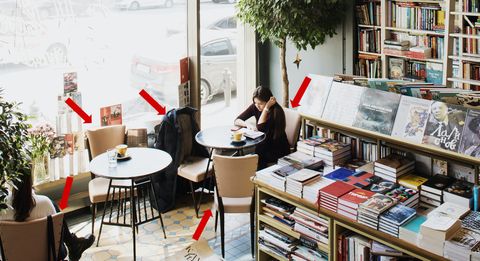 two people sit in chairs in a bookshop reading and drinking coffee. five red arrows point to the five chairs arranged around tables beside the front window of the shop