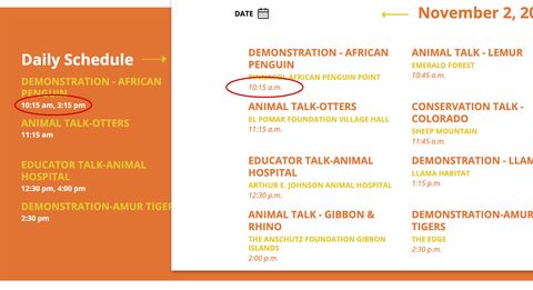 Two versions of the demo list with the Demonstration - African Penguin event times circled in red on both lists.