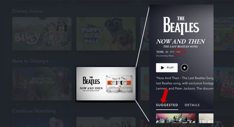 A screenshot of a small section of the DisneyPlus website with The Beatles Now and Then rectangle highlighted and an overlayed screenshot of the movie detail view with 12m circled in red and a red arrow pointing to suggested movies.