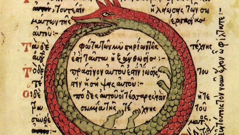 Fragment from a 13th century alchemical manuscript with a red and green oroboros serpent biting it's own tail, and seeming to give us side-eye
