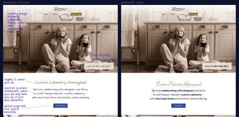 Two screenshots,
on the left a design labeled
marketing site client demo
uses entirely handwritten fonts
and has notes overlaid describing the parts,
on the right labeled marketing site internal
is the same design
but with cursive headlines and sans-serif body fonts
including bold and italics.