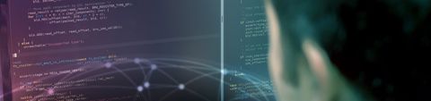 Back of a head, out of focus, looking at code