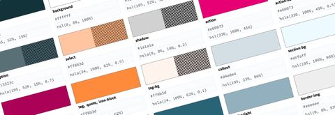 Sample organized color swatches with hex and hsl values