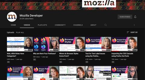 Mozilla Developer YouTube channel with 24.3K subscribers
      and a grid of videos