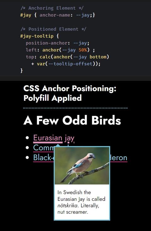 A Codepen demo showing how a tooltip is placed using anchor positioning.