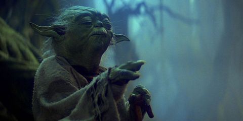 Yoda reaching out to control the force, surrounded by jungle swamp
