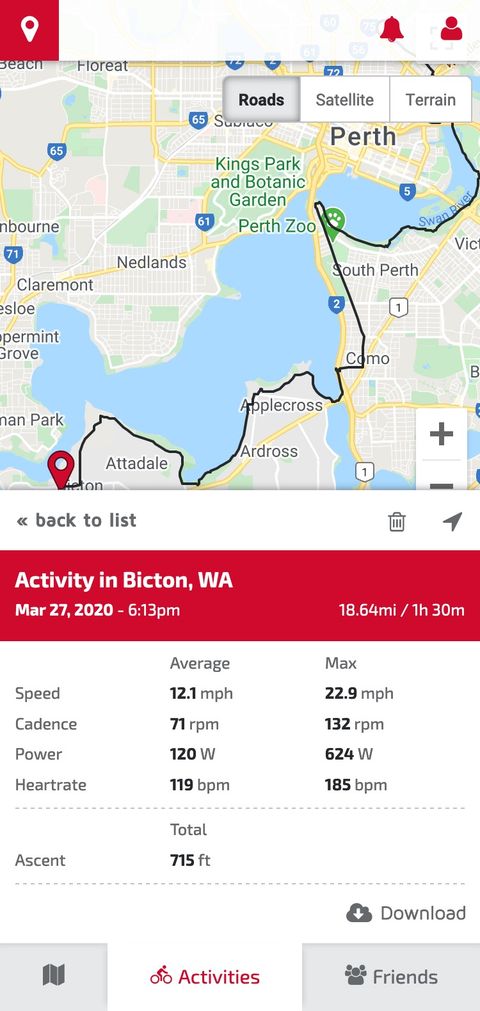 Mobile view of a bike ride path, along with ride metrics