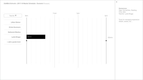 early wireframe concept showing a clean table-like display
      with teachers and times as the column and row headers